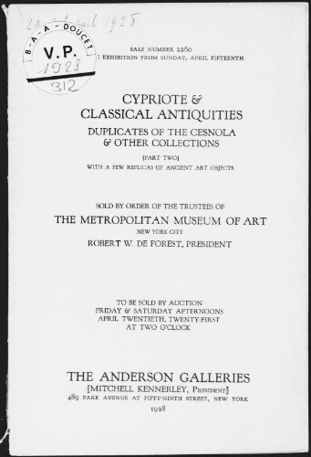 Cypriote and classical antiquities, duplicates of the Cesnola & other collections (part two) [...] : [vente des 20 et 21 avril 1928]