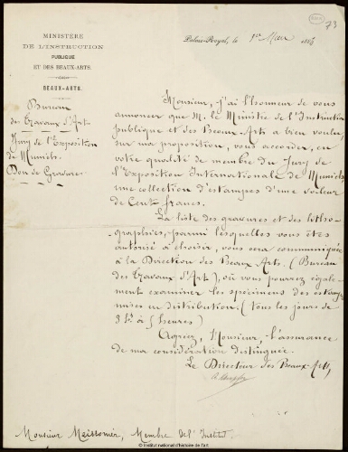 Lettre d'A. Kempfer à Jean-Louis-Ernest Meissonier, 1er mars 1884