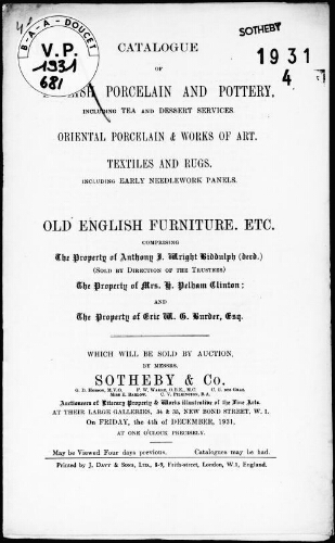 Catalogue of English porcelain and pottery [...] comprising the property of Anthony F. Wright Biddulph [...] : [vente du 4 décembre 1931]