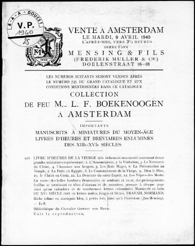 Collection de feu M. L. F. Boekenoogen à Amsterdam [...] : [vente du 9 avril 1940]