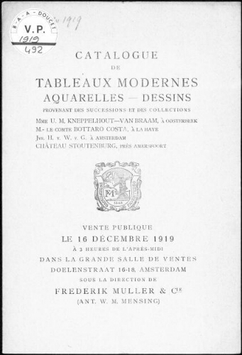 Catalogue de tableaux modernes, aquarelles, dessins [...] : [vente du 16 décembre 1919]