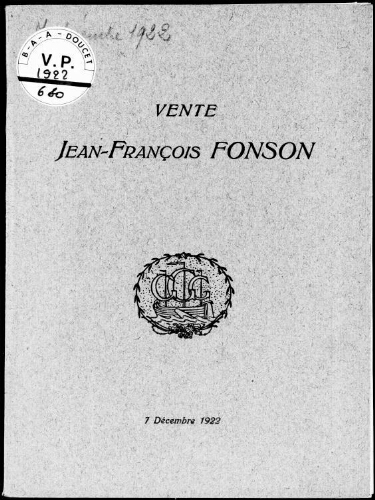 Vente Jean-François Fonson : [vente du 7 décembre 1922]