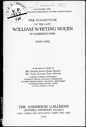 Collection of the late William Whiting Nolen, of Cambridge, Mass. (part one) [...] : [vente du 29 octobre au 3 novembre 1923]