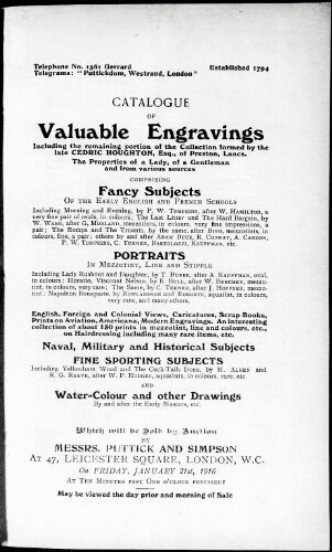 Catalogue of valuable engravings […] : [vente du 21 janvier 1916]