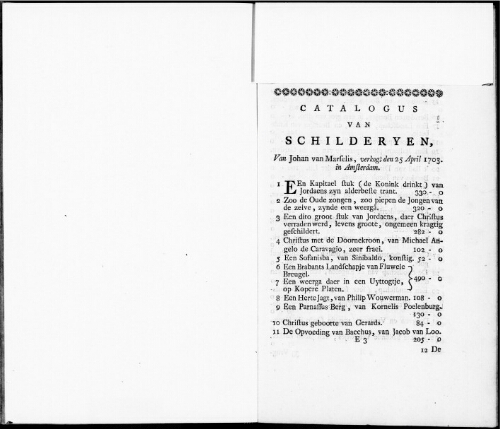 Catalogus van Schilderyen van Johan van Marselis [...] : [vente du 25 avril 1703]