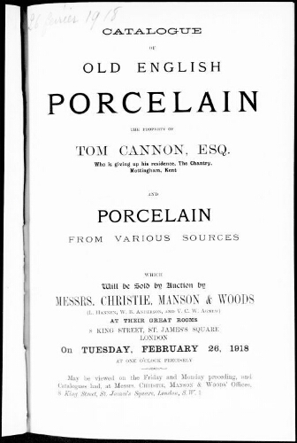 Catalogue of old English porcelain […] : [vente du 26 février 1918]