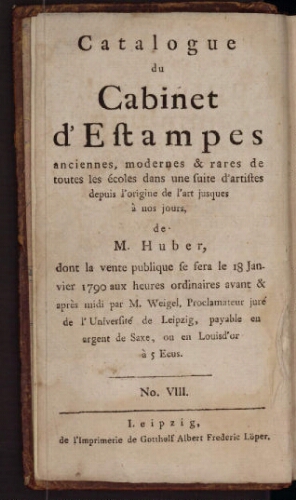Catalogue du Cabinet d’estampes anciennes, modernes et rares de toutes les écoles [...] : [vente du 18 janvier 1790]
