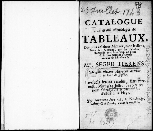 Catalogue d'un grand assemblage de tableaux [...] par Mr. Seger Tierens : [vente du 23 juillet 1743]