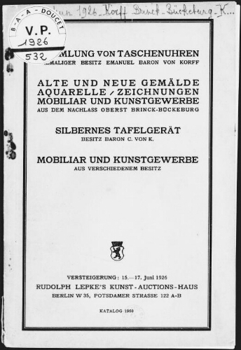 Sammlung von Taschenuhren, ehemaliger Besitz Emanuel Baron von Korff [...] : [vente du 15 au 17 juin 1926]