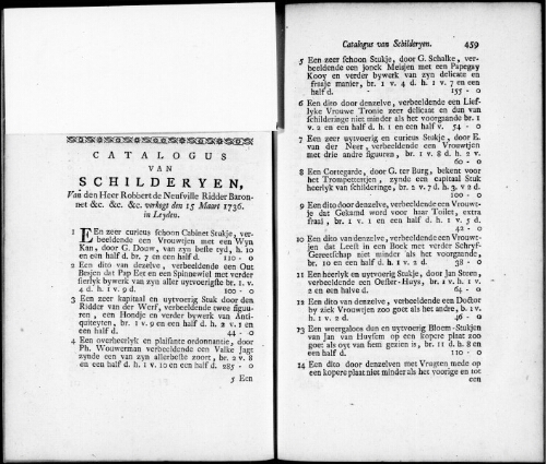 Catalogus van Schilderyen van den Heer Robbert de Neufville [...] : [vente du 15 mars 1736]