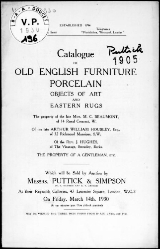 Old English furniture, porcelain, objects of art and Eastern rugs, the property of the late Mrs. M. C. Beaumont [...] : [vente du 14 mars 1930]
