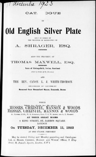 Catalogue of old silver English plate [...] : [vente du 11 décembre 1923]
