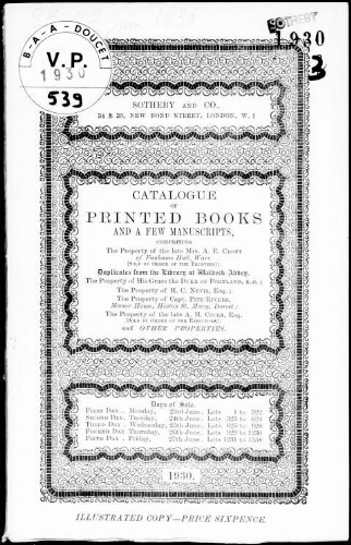Catalogue of printed books and a few manuscripts, comprising the property of the late Mrs. A. E. Croft [...] : [vente du 23 au 27 juin 1930]