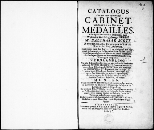 Catalogus van een zeer uytmuntend Cabinet van Goude en Silvere Medailles [...] : [vente du 4 octobre 1745]