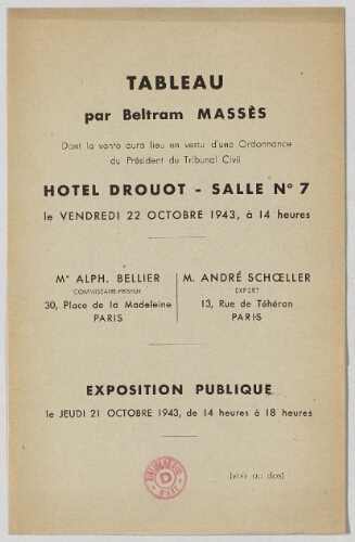 Tableau par Beltram Massès [...] : [vente du 22 octobre 1943]