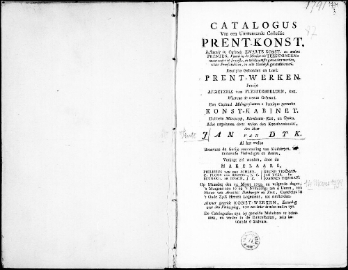 Catalogus van een uitmuntende collectie prent-konst [...] : [vente du 14 mars 1791]