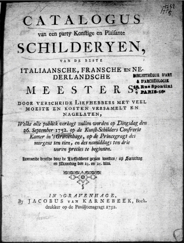 Catalogus van een party Konstige en plaisante Schilderyen : [vente du 26 septembre 1752]