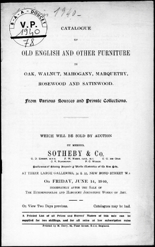 Catalogue of Old English and Other Furniture in Oak, Walnut, Mahogany, Marquetry, Rosewood and Satin Wood [...] : [vente du 14 juin 1940]