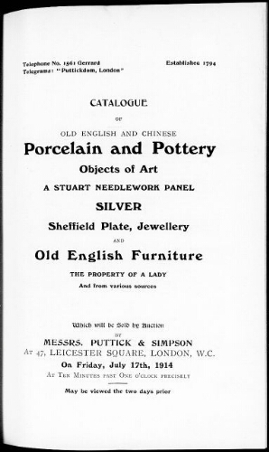 Catalogue of old English and Chinese porcelain and pottery […] : [vente du 17 juillet 1914]