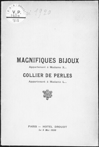 Catalogue des magnifiques bijoux [...] : [vente du 5 mai 1920]