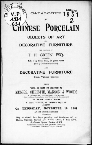 Catalogue of Chinese porcelain, objects of art and decorative furniture, the property of T. H. Green, Esquire [...] : [vente du 19 novembre 1931]