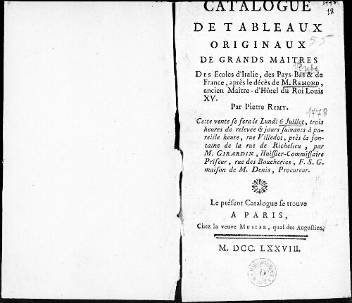 Catalogue de tableaux originaux de grands maîtres des écoles d'Italie, des Pays-Bas et de France, après le décès de M. Rémond [...] : [vente du 6 juillet 1778]