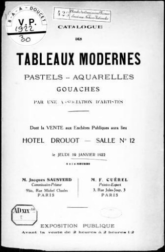 Catalogue des tableaux modernes, pastels, aquarelles, gouaches [...] : [vente du 19 janvier 1922]