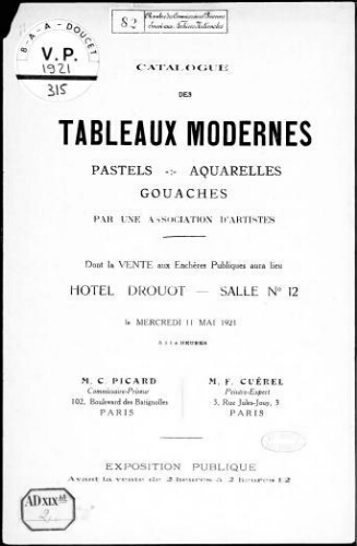 Catalogue des tableaux modernes, pastels, aquarelles, gouaches, par une association d'artistes [...] : [vente du 11 mai 1921]