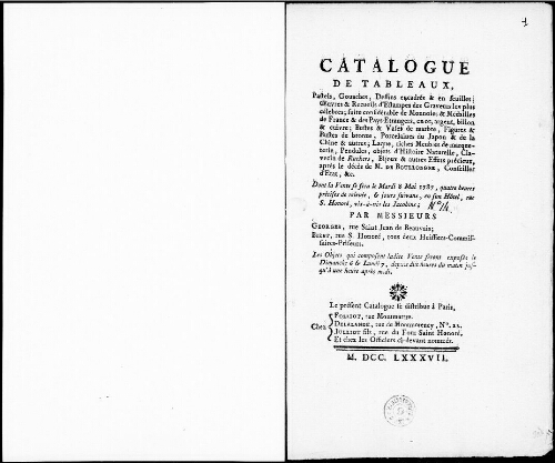 Catalogue de tableaux, pastels, gouaches, dessins encadrés et en feuilles [...] : [vente du 8 mai 1787]