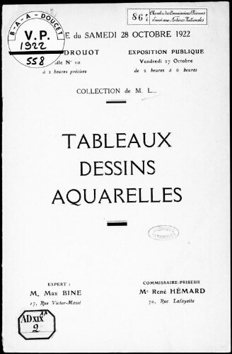 Collection de M. L. Tableaux, dessins, aquarelles : [vente du 28 octobre 1922]