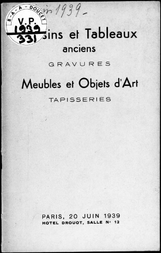 Tableaux anciens par Barye, Bellangé, Boudewyns, Demarne, Mademoiselle Gérard […] : [vente du 20 juin 1939]
