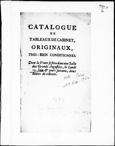 Catalogue de tableaux de cabinet, originaux, très-bien conditionnés [...] : [vente du 13 juin 1774]