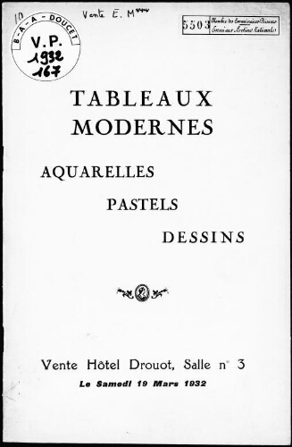 Tableaux modernes, aquarelles, pastels, dessins : [vente du 19 mars 1932]