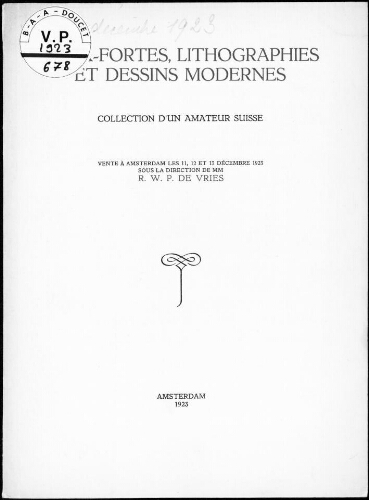 Eaux-fortes, lithographies et dessins modernes, collection d'un amateur suisse : [vente du 11 au 13 décembre 1923]