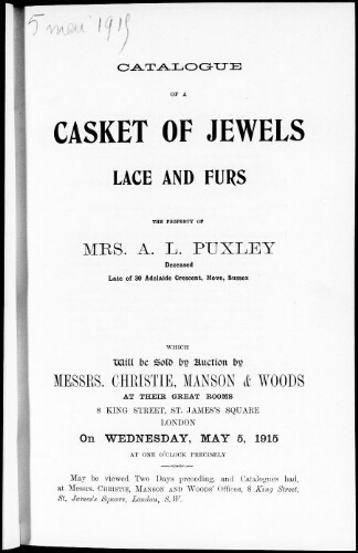 Catalogue of a casket of jewels, lace and furs […] : [vente du 5 mai 1915]