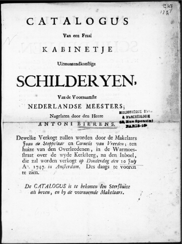 Catalogus van een Fraai Kabinetje uitmuntendkonstige Schilderyen [...] : [vente du 20 juillet 1747]