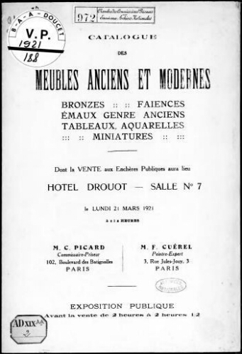 Catalogue des meubles anciens et modernes, bronzes, faïences [...] : [vente du 21 mars 1921]
