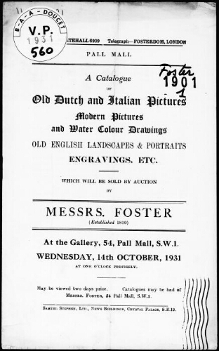Catalogue of old Dutch and Italian pictures, modern pictures and water colour drawings, old English landscapes [...] : [vente du 14 octobre1931]