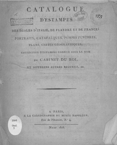 Catalogue d'estampes des écoles d'Italie, de Flandre et de France [...]