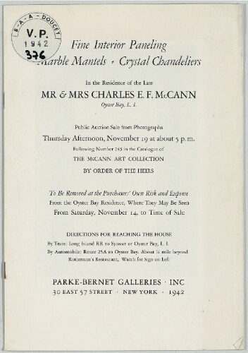 In the residence of the late Mr and Mrs Charles E. F. McCann, Oyster Bay, L. I. ; Fine interior paneling [...] : [vente du 19 novembre 1942]