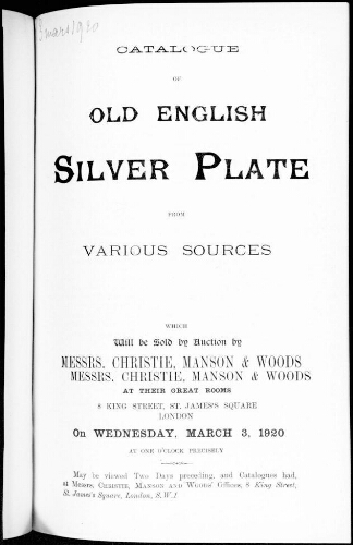 Catalogue of old english silver plate [...] : [vente du 3 mars 1920]