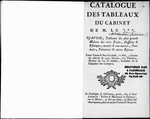 Catalogue des tableaux du cabinet de M. le ***  [...] : [vente du 12 mai 1766]