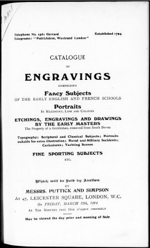 Catalogue of engravings [...] : [vente du 27 mars 1914]