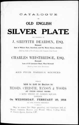 Catalogue of old English silver plate [...] : [vente du 25 février 1914]