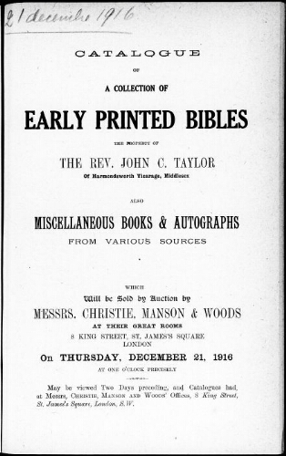 Catalogue of a collection of early printed Bibles […] : [vente du 21 décembre 1916]