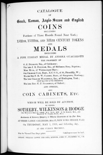 Catalogue of Greek, Roman, Anglo-Saxon and English coins [...] : [vente du 1er mai 1919]
