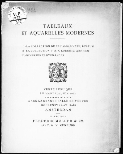 Tableaux et aquarelles modernes. I – La collection de feu M.-Bas Veth, Bussum [...] : [vente du 20 juin 1922]