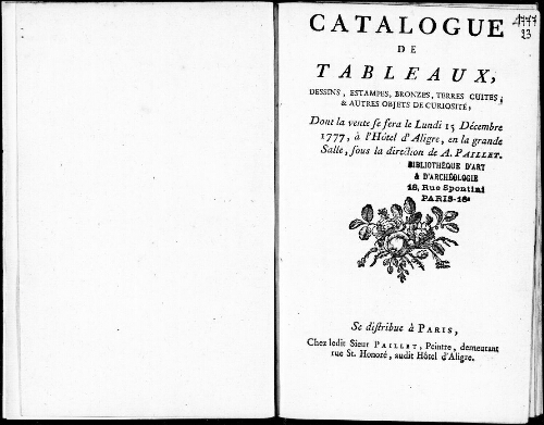 Catalogue de tableaux, dessins, estampes, bronzes, terres cuites et autres objets de curiosité [...] : [vente du 15 décembre 1777]