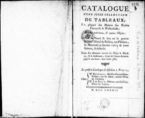 Catalogue d’une jolie collection de tableaux, la plupart des maîtres des écoles flamande et hollandaise [...] : [vente du 30 janvier 1782]
