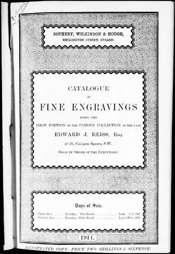 Catalogue of fine engravings being the first portion of the famous collection of the late Edward J. Reiss esq. [...] : [vente du 9 mars 1914]